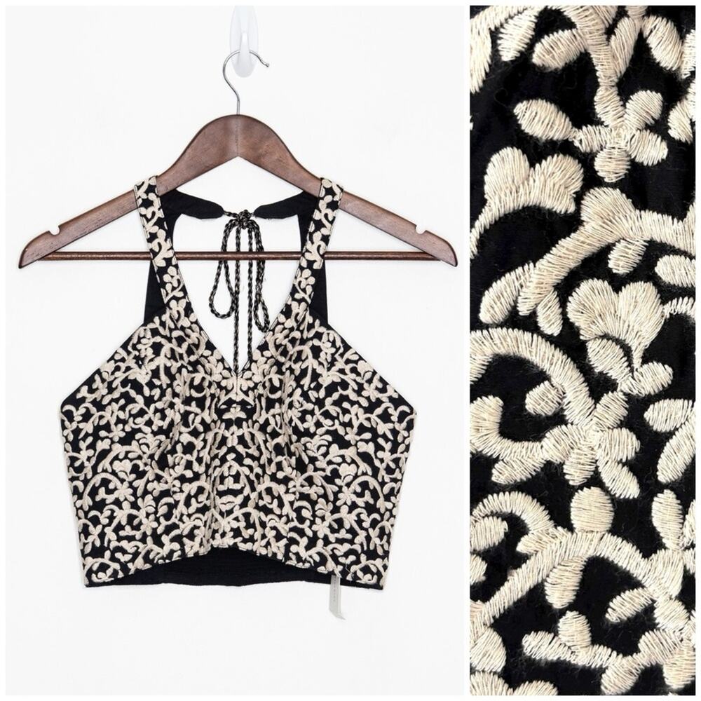 Anthropologie Amber Halter Crop Top NWT Women 6 Black Embroidered Boho Vacation